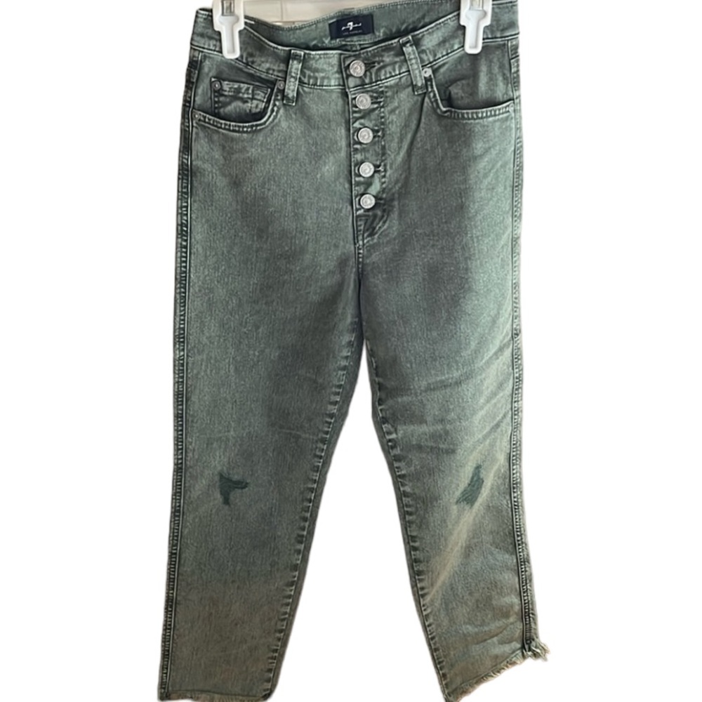 7 FOR ALL MANKIND 26 light olive green Highrise cropped slight distressed